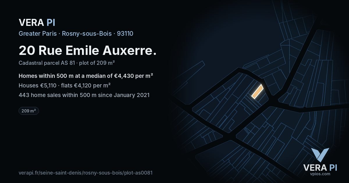20 Rue Emile Auxerre, Rosny-sous-Bois at night – the plot lit, the parcels around coloured by the prices near them