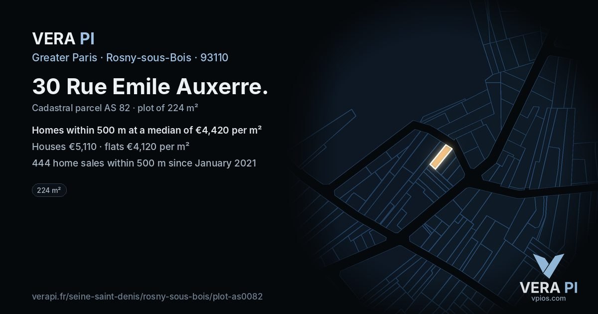 30 Rue Emile Auxerre, Rosny-sous-Bois at night – the plot lit, the parcels around coloured by the prices near them