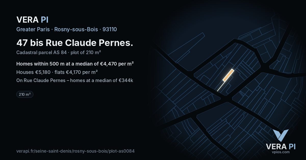 47 bis Rue Claude Pernes, Rosny-sous-Bois at night – the plot lit, the parcels around coloured by the prices near them