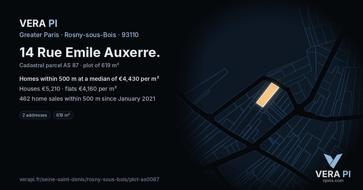 14 Rue Emile Auxerre, Rosny-sous-Bois at night – the plot lit, the parcels around coloured by the prices near them
