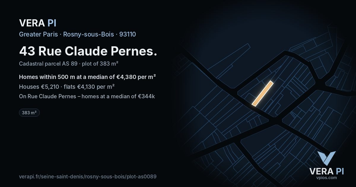 43 Rue Claude Pernes, Rosny-sous-Bois at night – the plot lit, the parcels around coloured by the prices near them
