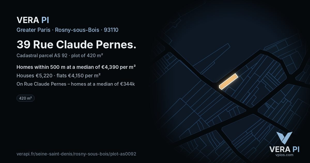 39 Rue Claude Pernes, Rosny-sous-Bois at night – the plot lit, the parcels around coloured by the prices near them