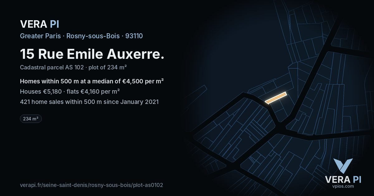 15 Rue Emile Auxerre, Rosny-sous-Bois at night – the plot lit, the parcels around coloured by the prices near them