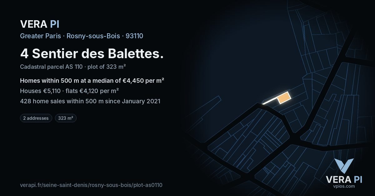4 Sentier des Balettes, Rosny-sous-Bois at night – the plot lit, the parcels around coloured by the prices near them