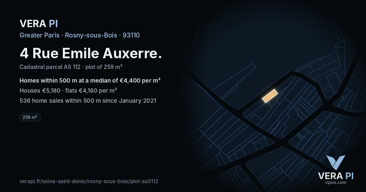 4 Rue Emile Auxerre, Rosny-sous-Bois at night – the plot lit, the parcels around coloured by the prices near them
