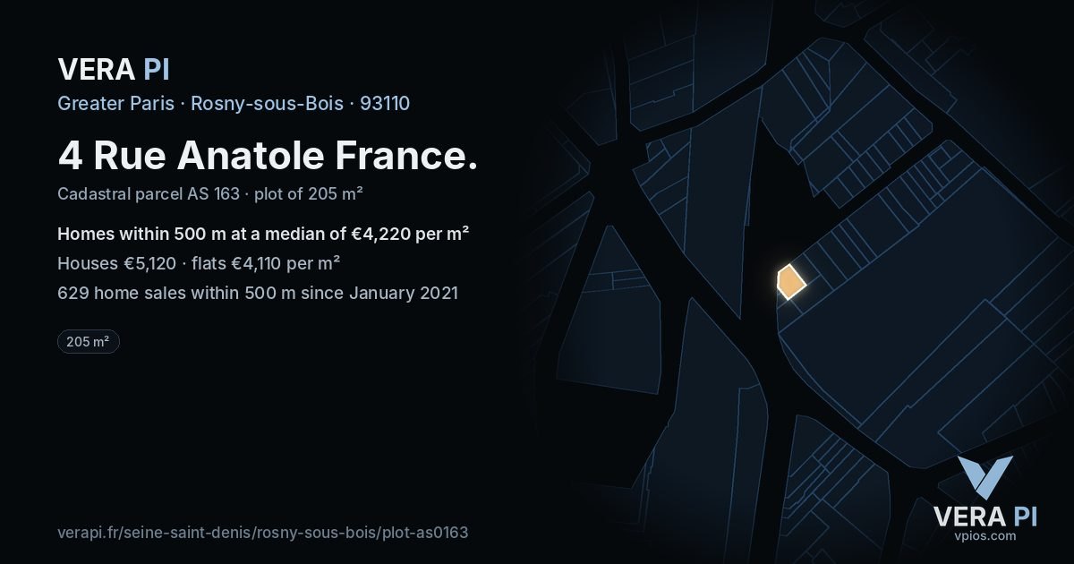 4 Rue Anatole France, Rosny-sous-Bois at night – the plot lit, the parcels around coloured by the prices near them