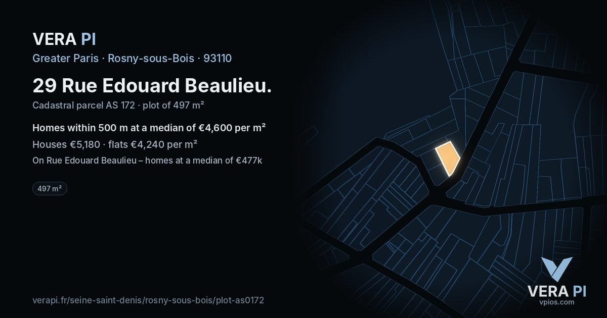 29 Rue Edouard Beaulieu, Rosny-sous-Bois at night – the plot lit, the parcels around coloured by the prices near them