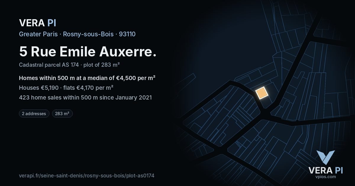 5 Rue Emile Auxerre, Rosny-sous-Bois at night – the plot lit, the parcels around coloured by the prices near them
