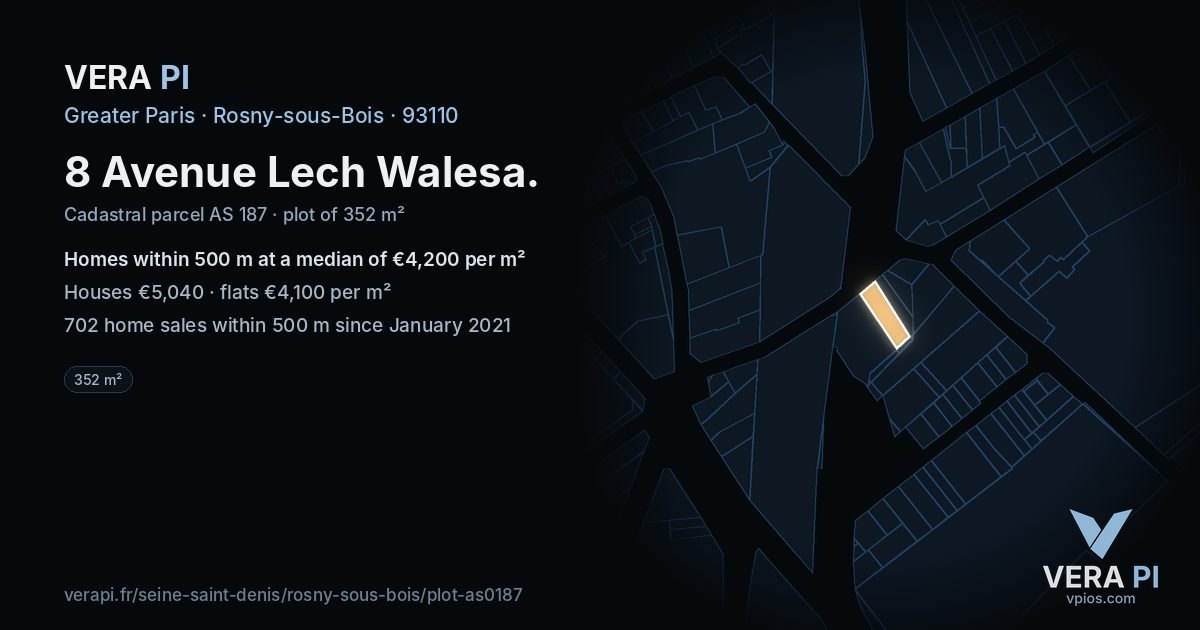 8 Avenue Lech Walesa, Rosny-sous-Bois at night – the plot lit, the parcels around coloured by the prices near them
