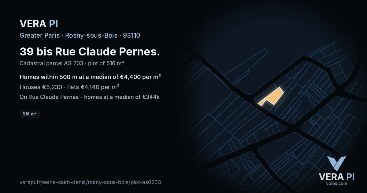 39 bis Rue Claude Pernes, Rosny-sous-Bois at night – the plot lit, the parcels around coloured by the prices near them