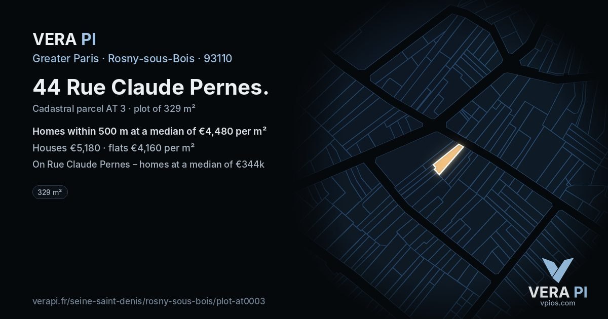 44 Rue Claude Pernes, Rosny-sous-Bois at night – the plot lit, the parcels around coloured by the prices near them