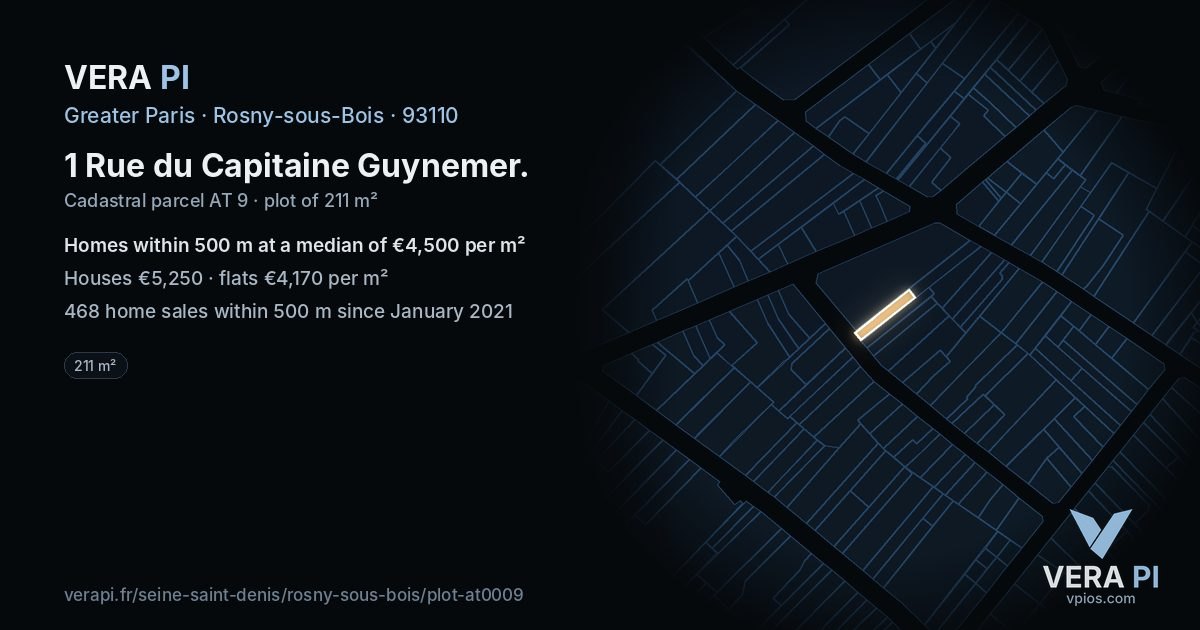 1 Rue du Capitaine Guynemer, Rosny-sous-Bois at night – the plot lit, the parcels around coloured by the prices near them