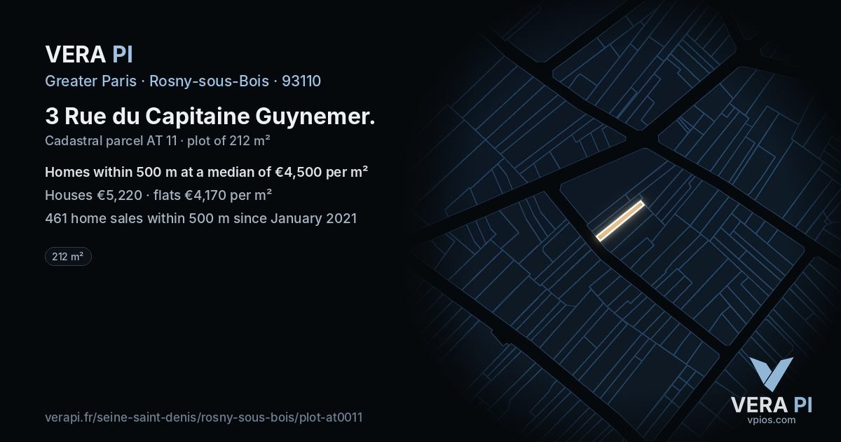 3 Rue du Capitaine Guynemer, Rosny-sous-Bois at night – the plot lit, the parcels around coloured by the prices near them