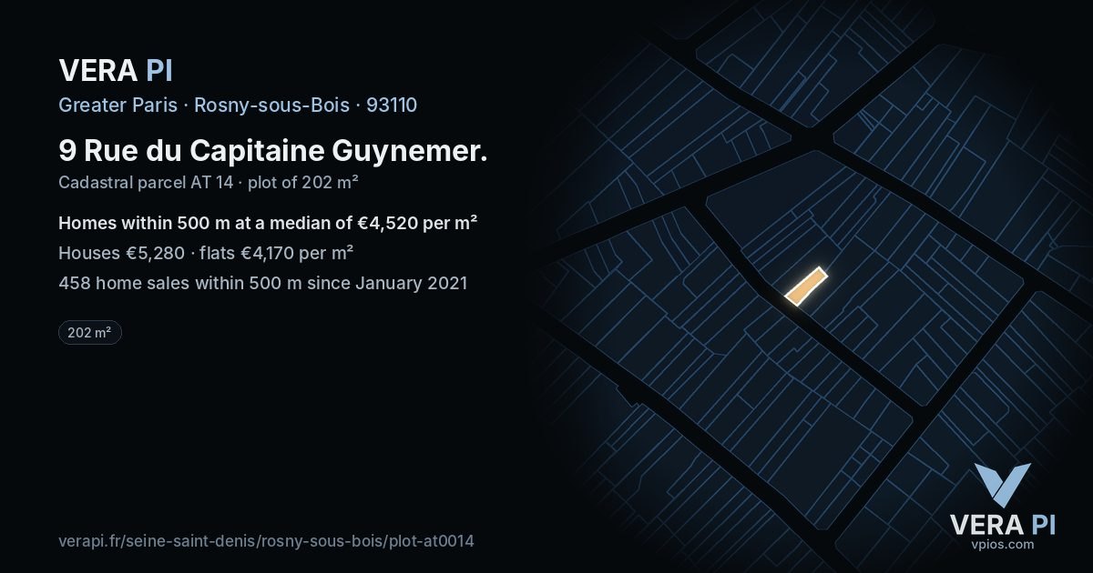 9 Rue du Capitaine Guynemer, Rosny-sous-Bois at night – the plot lit, the parcels around coloured by the prices near them
