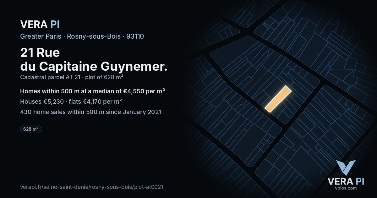 21 Rue du Capitaine Guynemer, Rosny-sous-Bois at night – the plot lit, the parcels around coloured by the prices near them