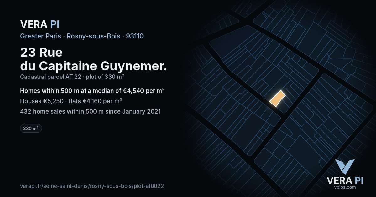 23 Rue du Capitaine Guynemer, Rosny-sous-Bois at night – the plot lit, the parcels around coloured by the prices near them