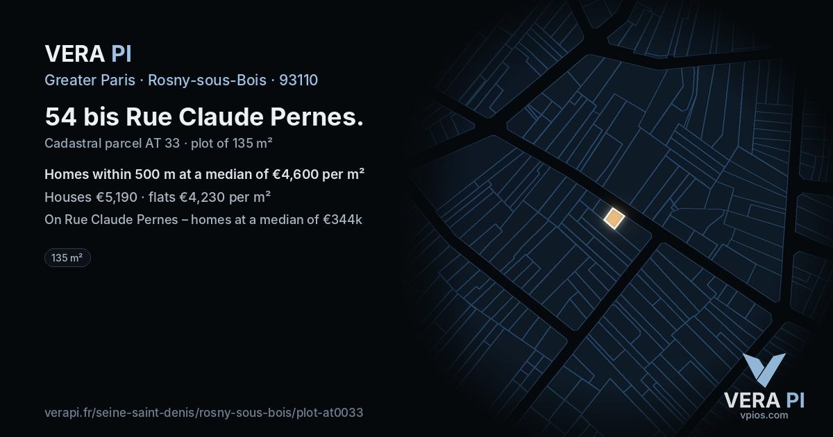 54 bis Rue Claude Pernes, Rosny-sous-Bois at night – the plot lit, the parcels around coloured by the prices near them