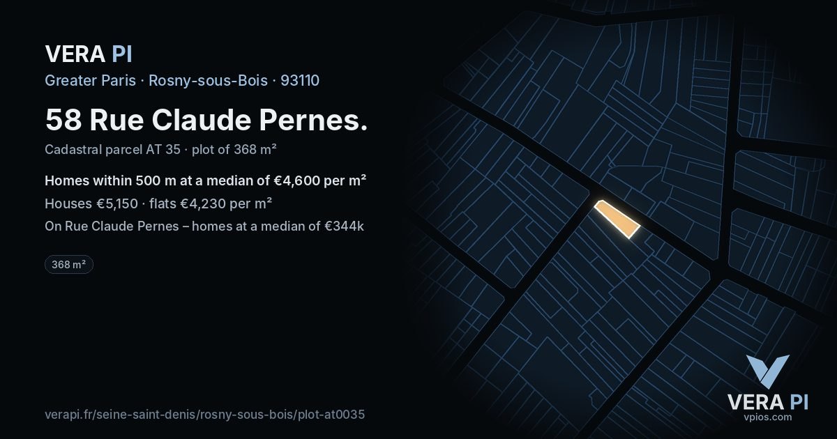 58 Rue Claude Pernes, Rosny-sous-Bois at night – the plot lit, the parcels around coloured by the prices near them