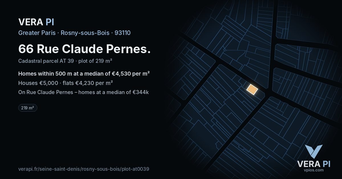 66 Rue Claude Pernes, Rosny-sous-Bois at night – the plot lit, the parcels around coloured by the prices near them
