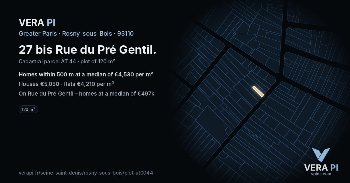 27 bis Rue du Pré Gentil, Rosny-sous-Bois at night – the plot lit, the parcels around coloured by the prices near them