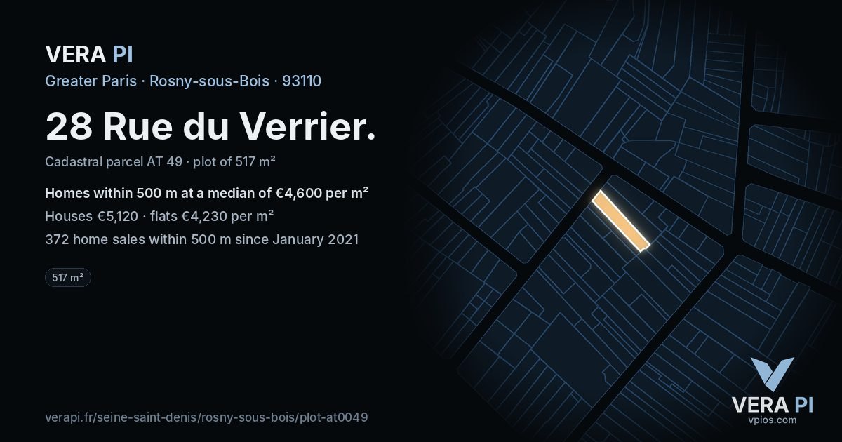 28 Rue du Verrier, Rosny-sous-Bois at night – the plot lit, the parcels around coloured by the prices near them