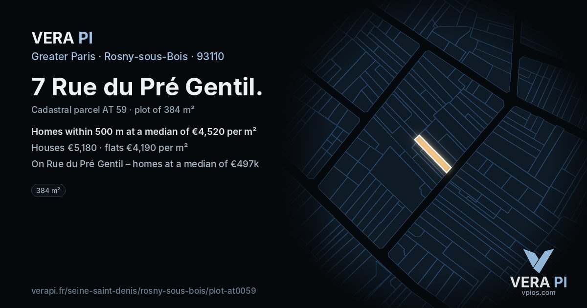 7 Rue du Pré Gentil, Rosny-sous-Bois at night – the plot lit, the parcels around coloured by the prices near them