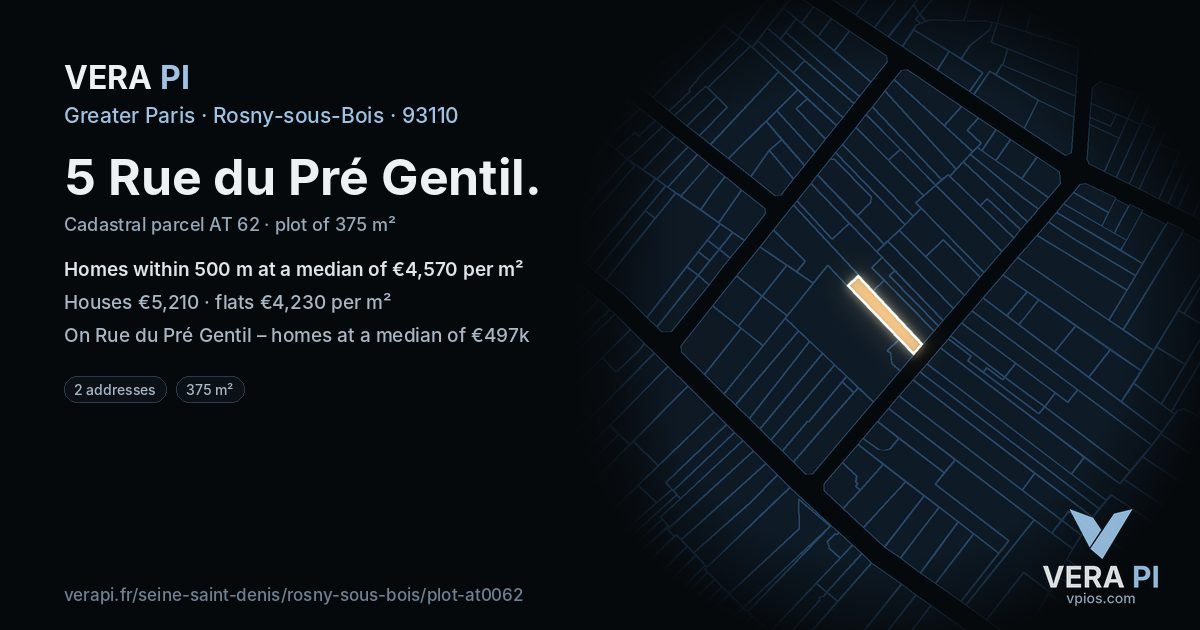 5 Rue du Pré Gentil, Rosny-sous-Bois at night – the plot lit, the parcels around coloured by the prices near them