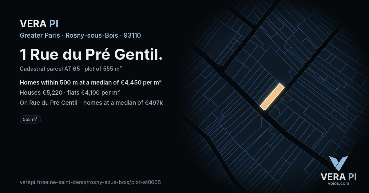 1 Rue du Pré Gentil, Rosny-sous-Bois at night – the plot lit, the parcels around coloured by the prices near them