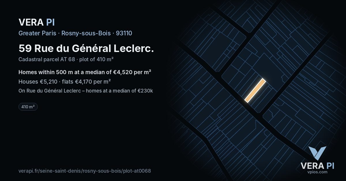 59 Rue du Général Leclerc, Rosny-sous-Bois at night – the plot lit, the parcels around coloured by the prices near them