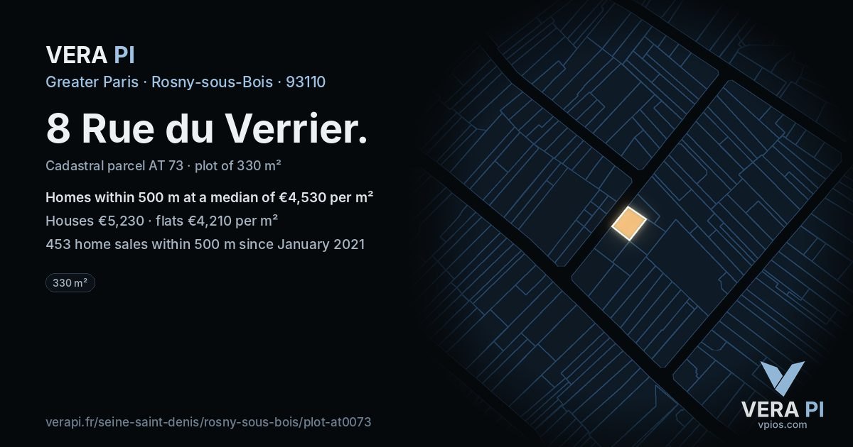 8 Rue du Verrier, Rosny-sous-Bois at night – the plot lit, the parcels around coloured by the prices near them