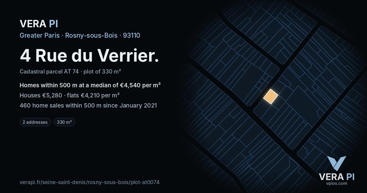 4 Rue du Verrier, Rosny-sous-Bois at night – the plot lit, the parcels around coloured by the prices near them
