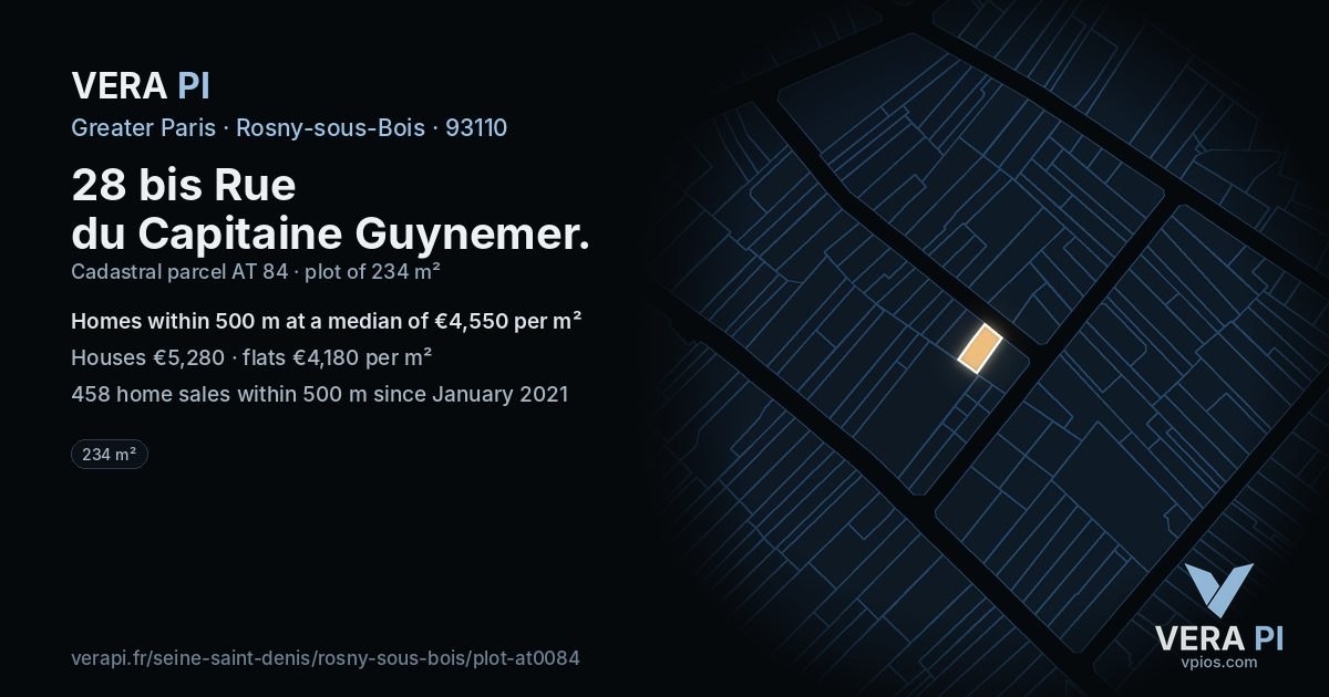 28 bis Rue du Capitaine Guynemer, Rosny-sous-Bois at night – the plot lit, the parcels around coloured by the prices near them