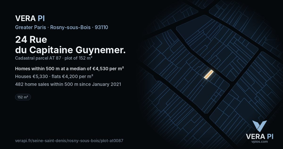 24 Rue du Capitaine Guynemer, Rosny-sous-Bois at night – the plot lit, the parcels around coloured by the prices near them