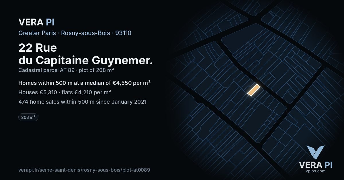22 Rue du Capitaine Guynemer, Rosny-sous-Bois at night – the plot lit, the parcels around coloured by the prices near them