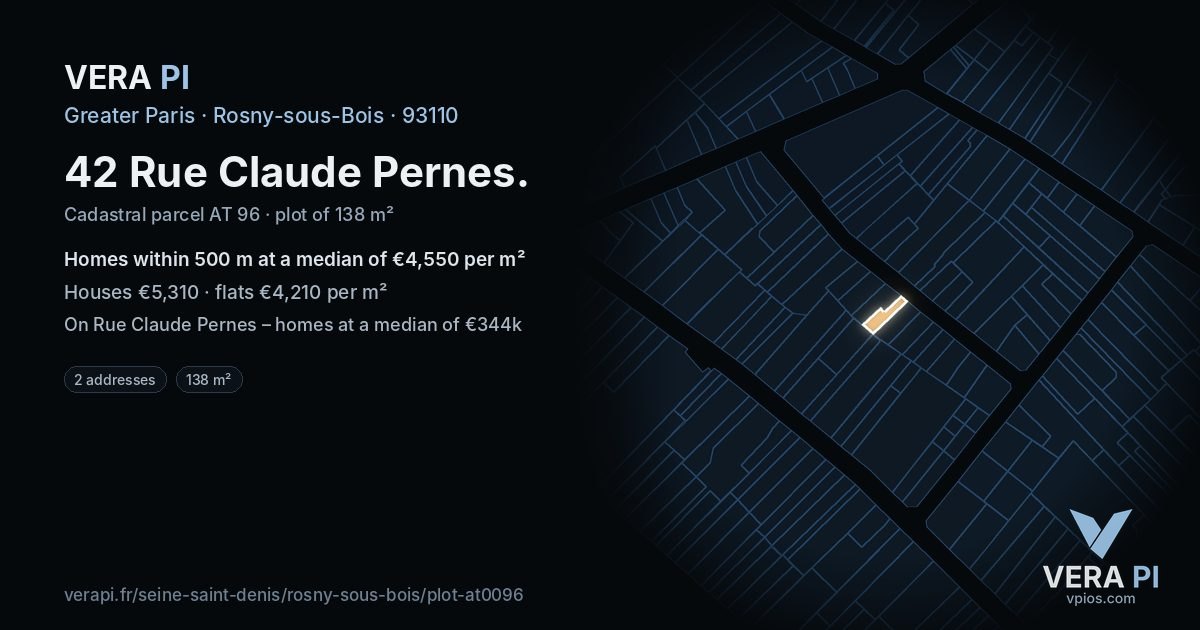 42 Rue Claude Pernes, Rosny-sous-Bois at night – the plot lit, the parcels around coloured by the prices near them