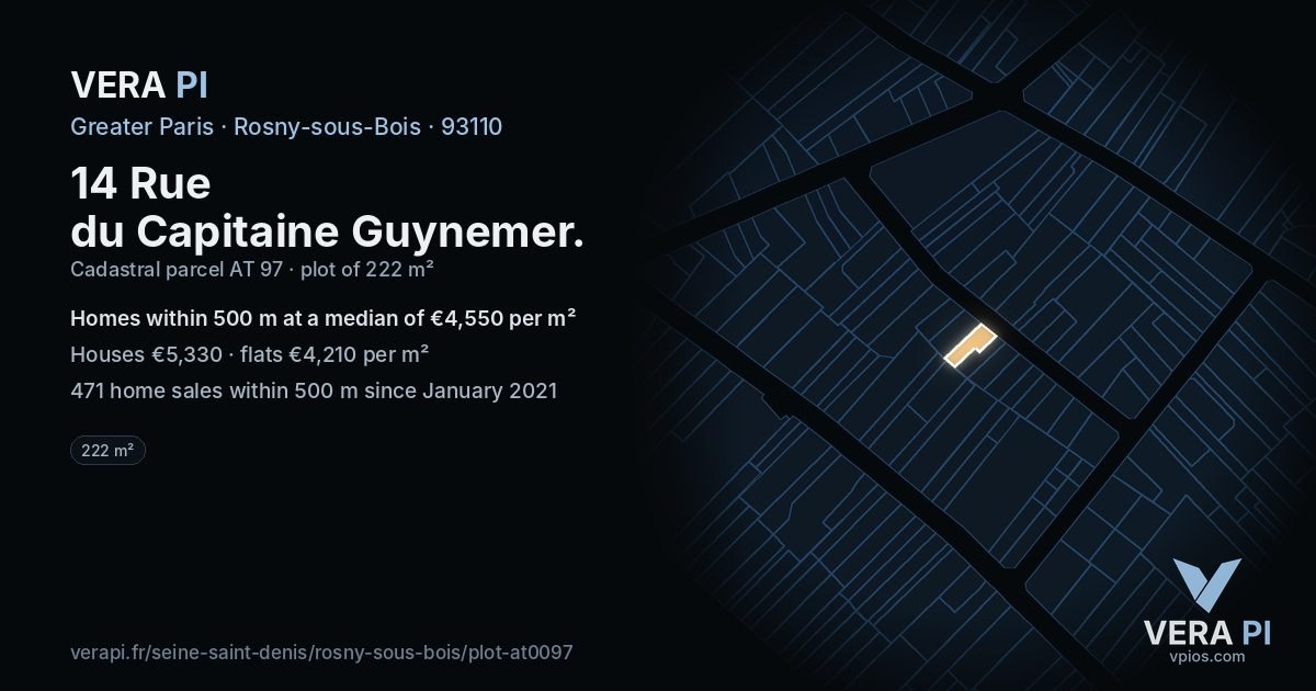 14 Rue du Capitaine Guynemer, Rosny-sous-Bois at night – the plot lit, the parcels around coloured by the prices near them