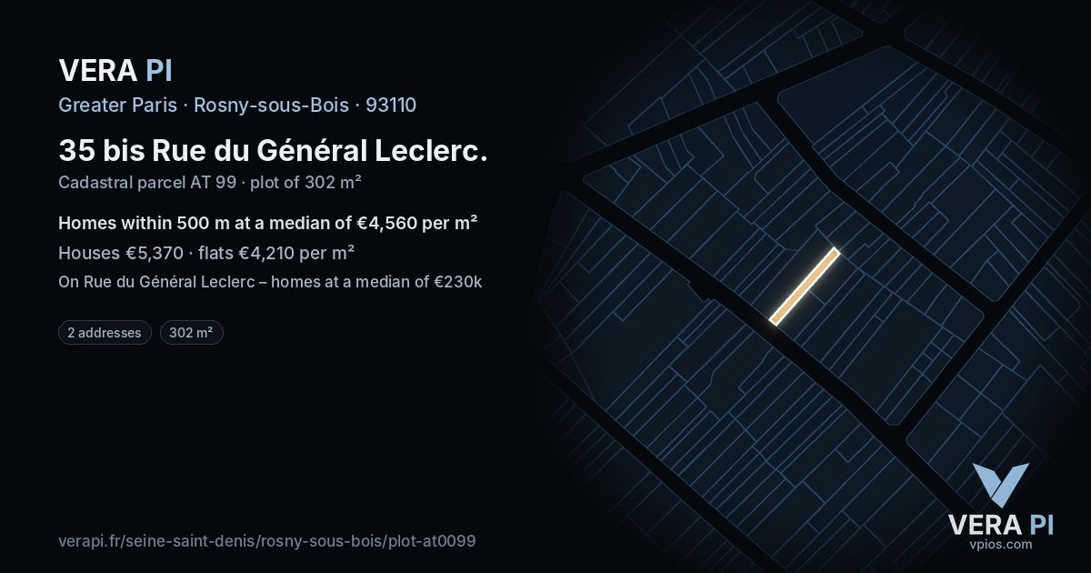 35 bis Rue du Général Leclerc, Rosny-sous-Bois at night – the plot lit, the parcels around coloured by the prices near them