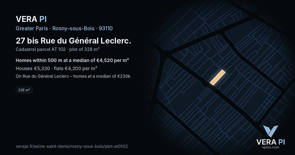 27 bis Rue du Général Leclerc, Rosny-sous-Bois at night – the plot lit, the parcels around coloured by the prices near them