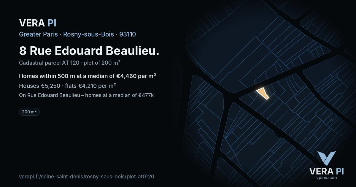 8 Rue Edouard Beaulieu, Rosny-sous-Bois at night – the plot lit, the parcels around coloured by the prices near them