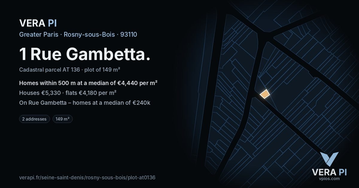 1 Rue Gambetta, Rosny-sous-Bois at night – the plot lit, the parcels around coloured by the prices near them