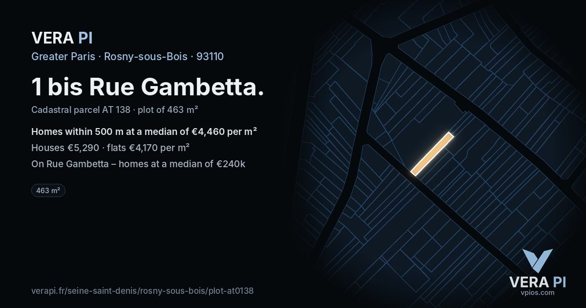 1 bis Rue Gambetta, Rosny-sous-Bois at night – the plot lit, the parcels around coloured by the prices near them