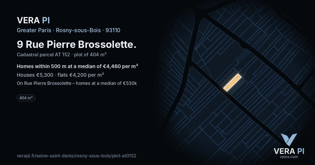 9 Rue Pierre Brossolette, Rosny-sous-Bois at night – the plot lit, the parcels around coloured by the prices near them