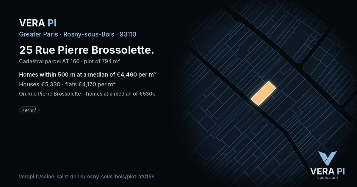 25 Rue Pierre Brossolette, Rosny-sous-Bois at night – the plot lit, the parcels around coloured by the prices near them