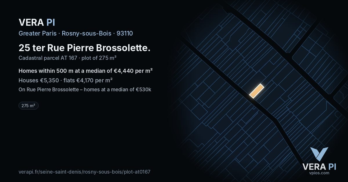 25 ter Rue Pierre Brossolette, Rosny-sous-Bois at night – the plot lit, the parcels around coloured by the prices near them