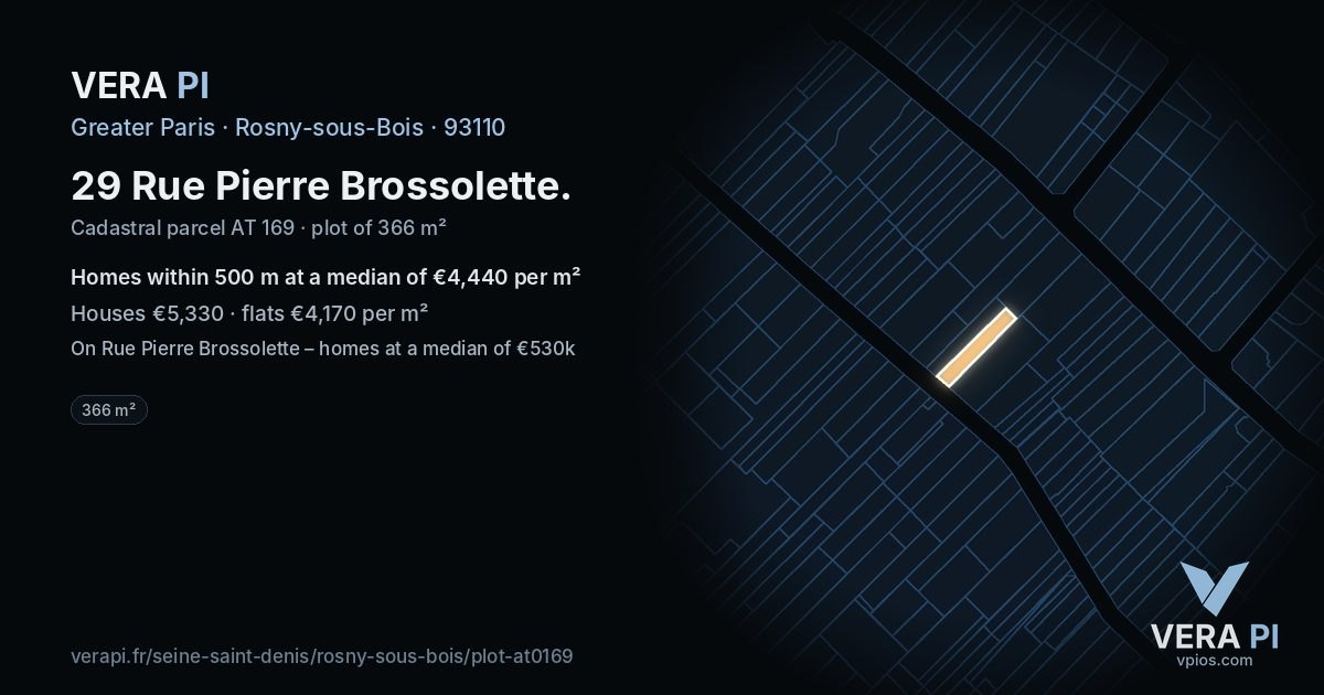 29 Rue Pierre Brossolette, Rosny-sous-Bois at night – the plot lit, the parcels around coloured by the prices near them