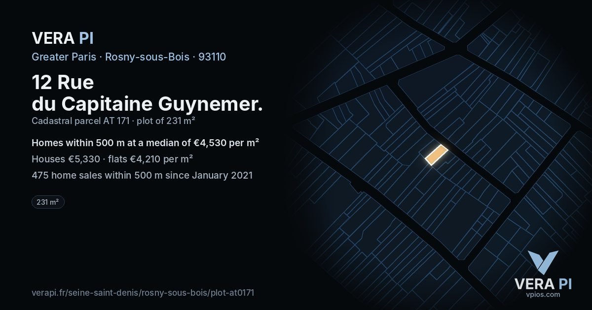 12 Rue du Capitaine Guynemer, Rosny-sous-Bois at night – the plot lit, the parcels around coloured by the prices near them