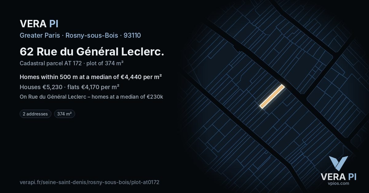 62 Rue du Général Leclerc, Rosny-sous-Bois at night – the plot lit, the parcels around coloured by the prices near them