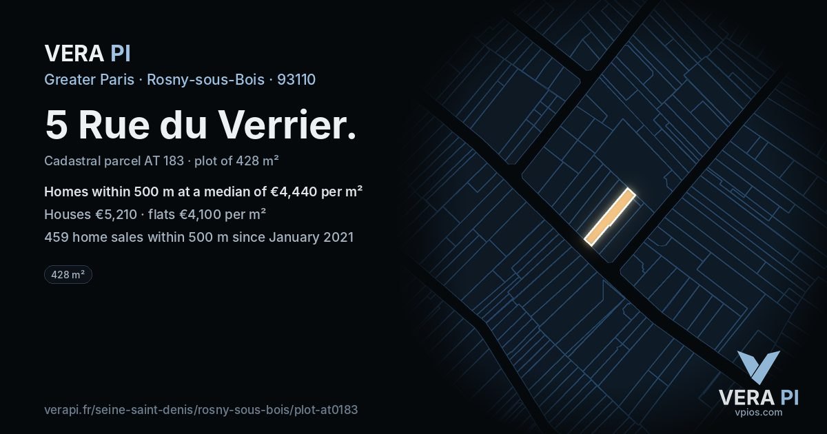 5 Rue du Verrier, Rosny-sous-Bois at night – the plot lit, the parcels around coloured by the prices near them