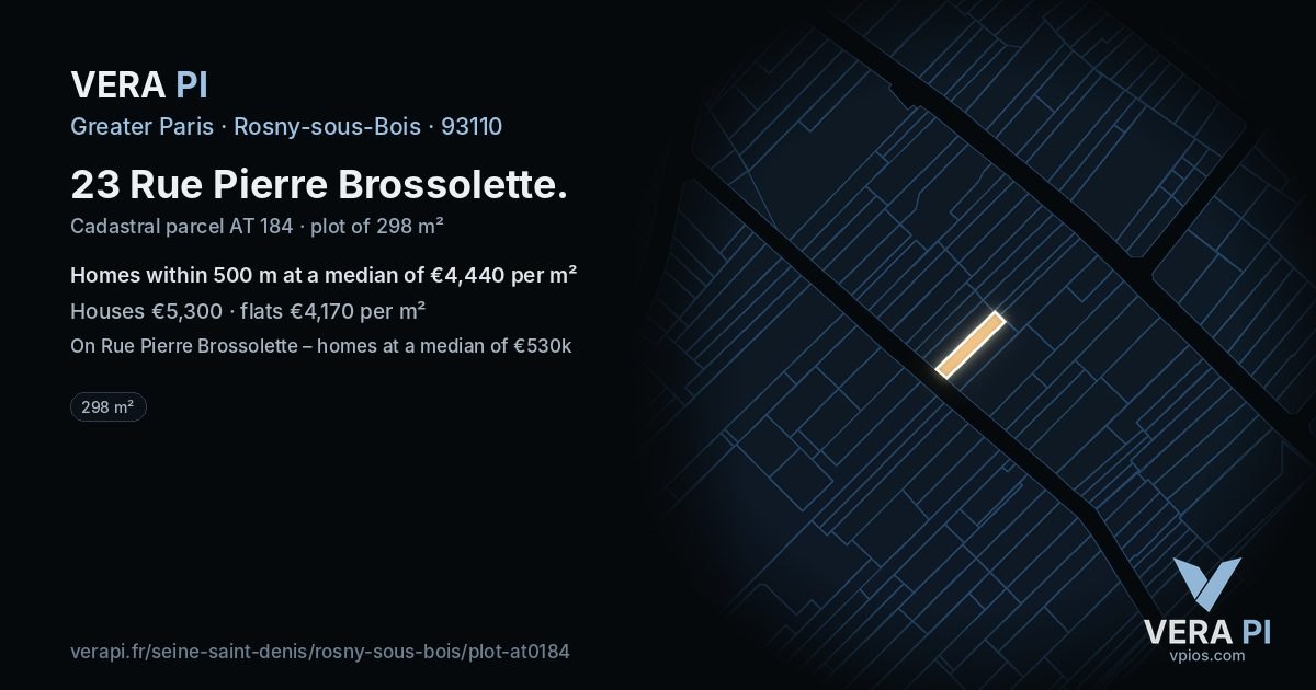 23 Rue Pierre Brossolette, Rosny-sous-Bois at night – the plot lit, the parcels around coloured by the prices near them