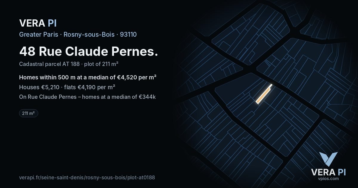 48 Rue Claude Pernes, Rosny-sous-Bois at night – the plot lit, the parcels around coloured by the prices near them